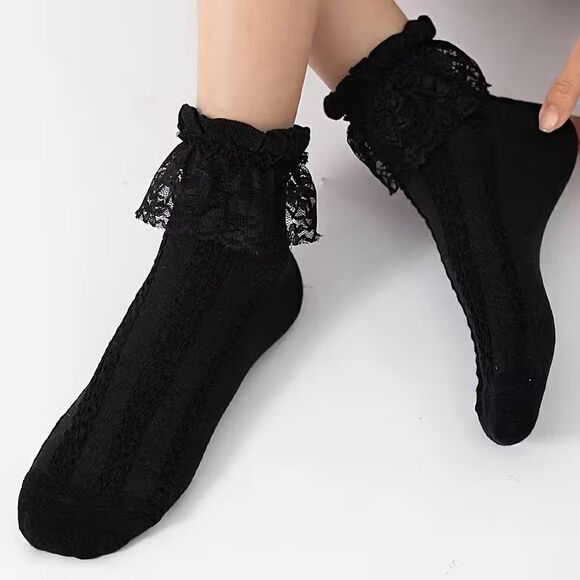 Black Ruffle Lace Top Women's Mid-Calf Socks NEW Cable knit pattern - Picture 5 of 7